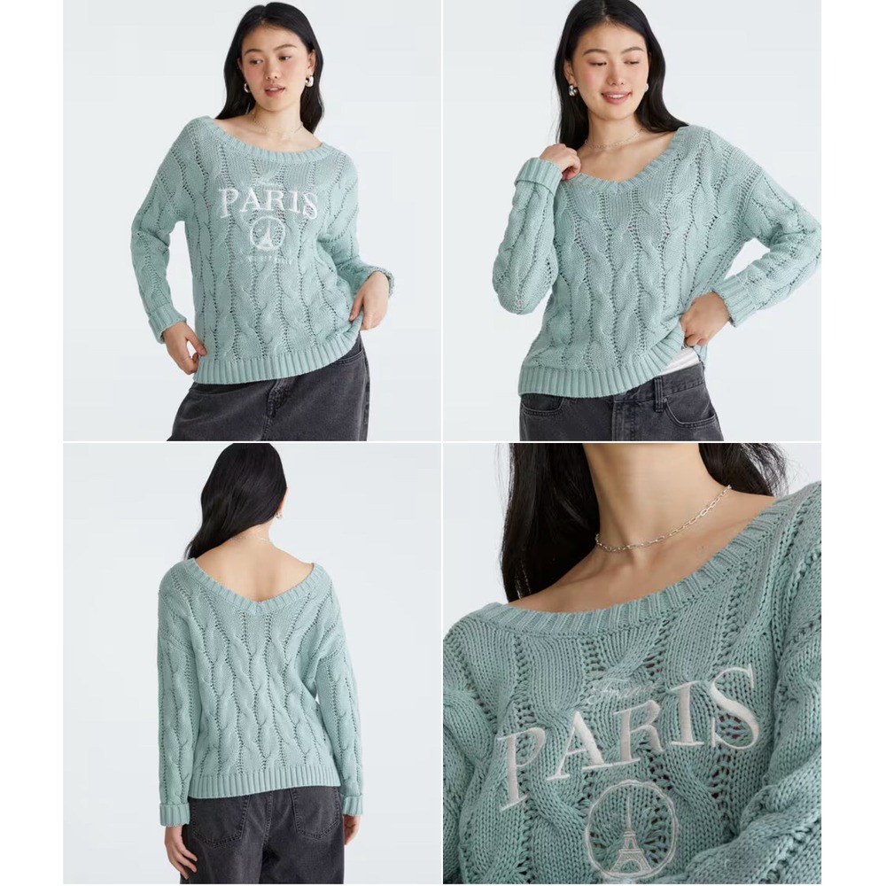 NWT Aeropostale Oversized Cable Knit Sweater Womens Small Blue Paris Reversible - Picture 3 of 8